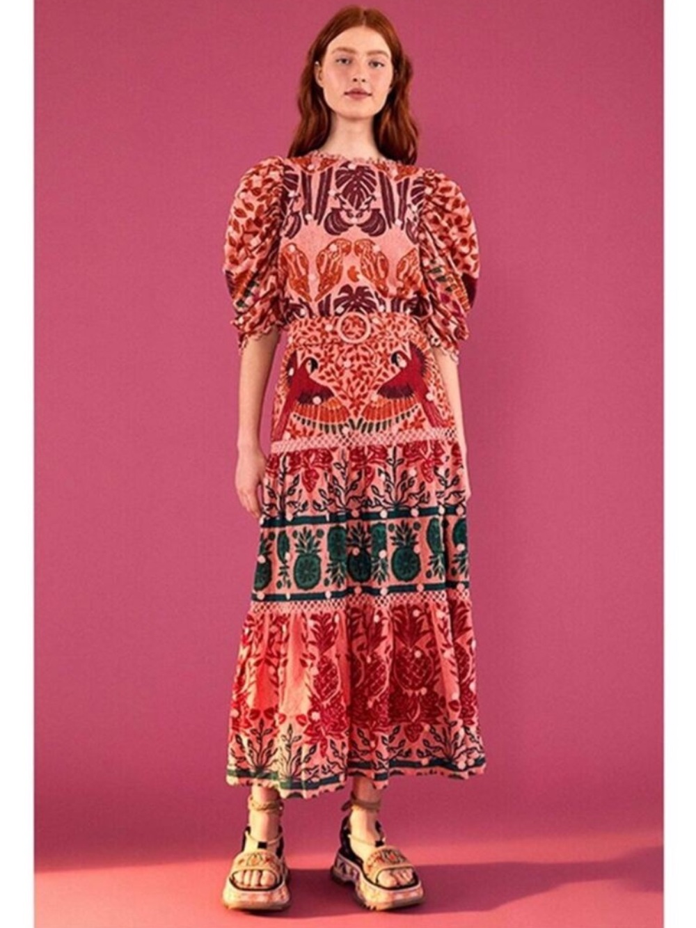 Farm Rio Ainika Print Macaws Maxi Skirt Size Medium Red Pink Green $260